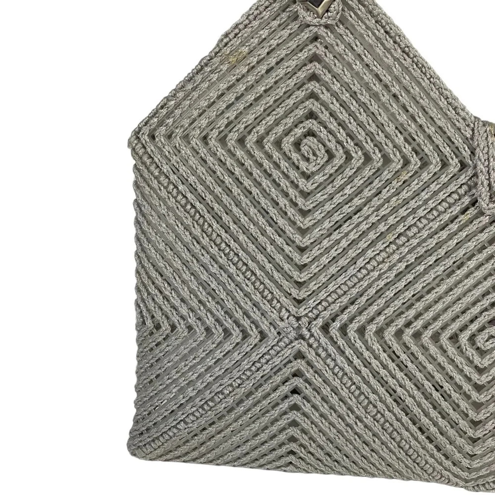 Vintage Handmade Gray Cross Stitch Plastic Canvas Woven Flower Accent Handbag